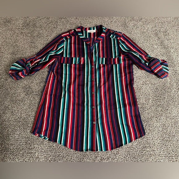 CALVIN KLEIN M Red Blue Green Candy Striped Silly Camp Shirt Epaulettes R $89 - Picture 2 of 7